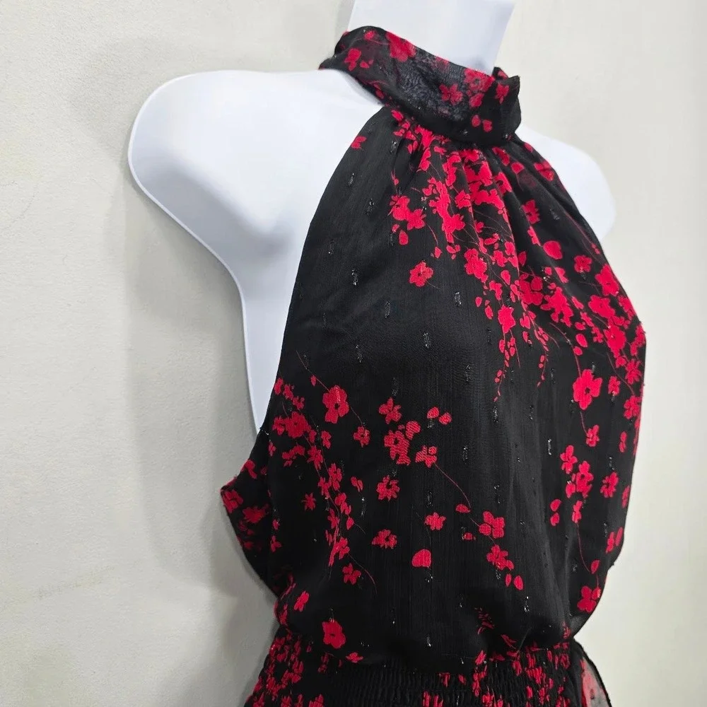 Ruffle Halter Maxi Dress L Black Red Floral Embellished Whimsigoth Fairy HOCO